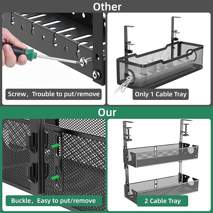 Multi-Model Under Desk Cable Management 2 Pack Metal Under Desk Wire Management Tray Clamp Mount Under Table Cord Management No Damage The Desk