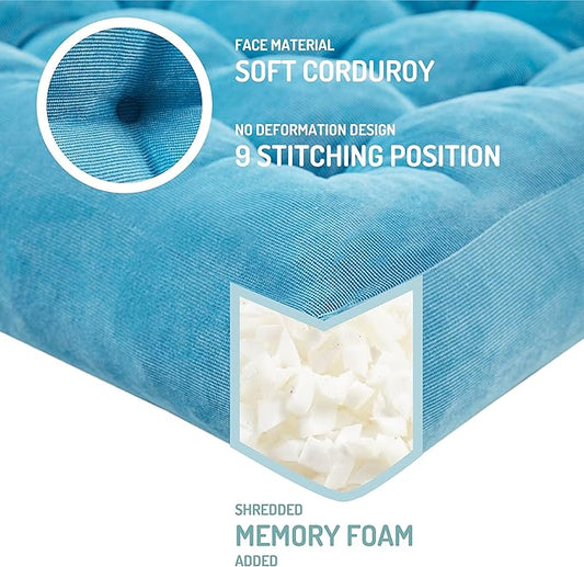 Degrees of Comfort Meditation Floor Pillow, Square Large Pillows Seating for Adults, Tufted Corduroy Thick Cushion for Living Room Tatami, Turquoise, 22x22 Inch
