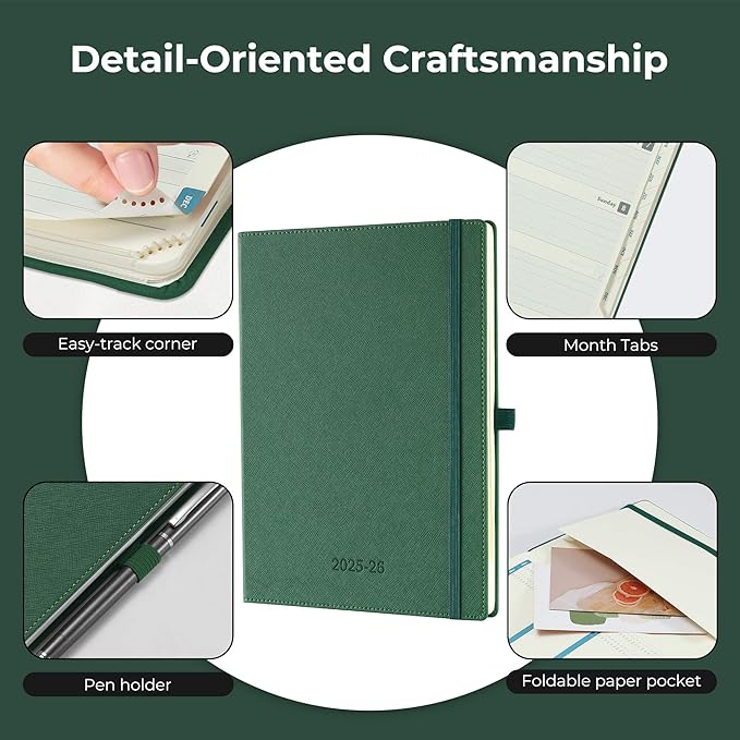 Weekly Monthly 2025-2026 Planner (July 25-Dec 26),11.5"x8.5",18 Months Agenda Plan with Month Tabs & Pocket,Expenses/Note Pages, Academic Calendar with Vegan Leather Cover,Green