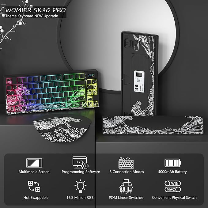 Womier 75% Wireless Mechanical Keyboard with Color Multimedia Screen Gaming Keyboard, Theme 3-Modes Hot Swappable Key Board w/Wrist Rest,SK80 PRO Gasket RGB Custom for Mac/Win,Black Kanagawa
