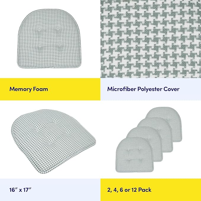 Sweet Home Collection Chair Cushion Memory Foam Pads Tufted Slip Non Skid Rubber Back U-Shaped 17" x 16" Seat Cover, 2 Count (Pack of 1), Houndsooth Pistachio