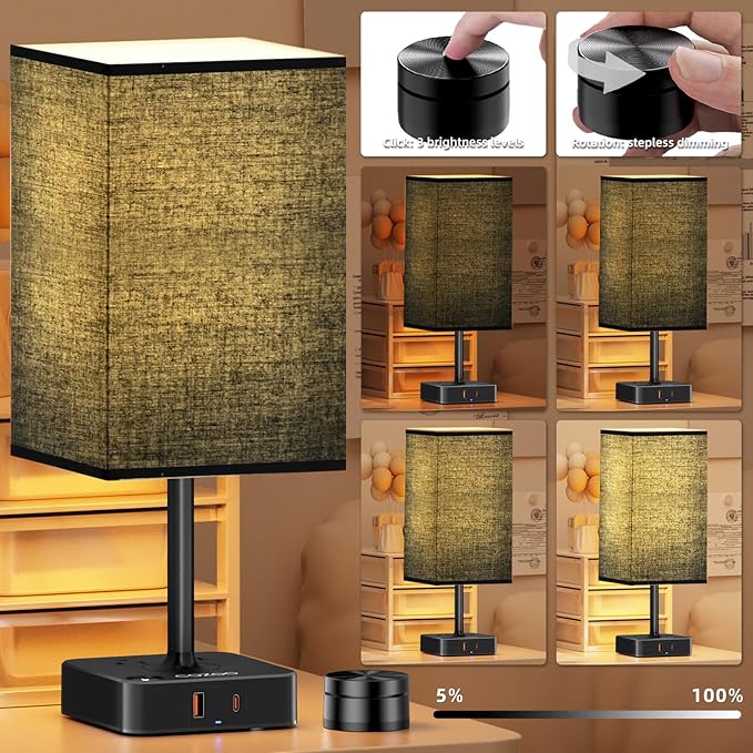 Table Lamp with Remote Operation Control for Bedroom,Dimmable Bedside Table Desk Light with USB C+A Charging Ports 2 AC Outlets,Nightstand Lamp White Shade Lamp for Living Room,Dorm,Home Office,Decor