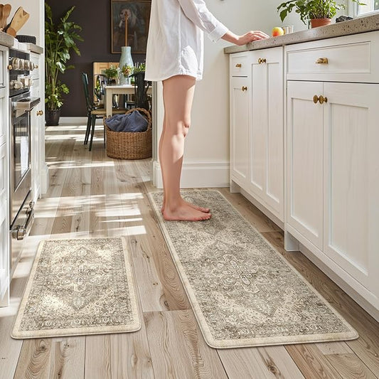 KIMODE Kitchen Mat for Floor Cushioned Anti Fatigue, Boho Vintage Kitchen Rugs Sets of 2, Non Slip Waterproof Kitchen Floor Mats, Comfort Standing Mats for Sink Laundry Desk Khaki 20"x59"+20"x32"