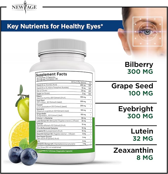 NEW AGE AREDS 2 Eye Vitamin Contains Bilberry 6000mg Lutein (32mg), Grape seed (6000 mg), Eyebright (1000 mg), and Zeaxanthin (8 mg) - 120 Count