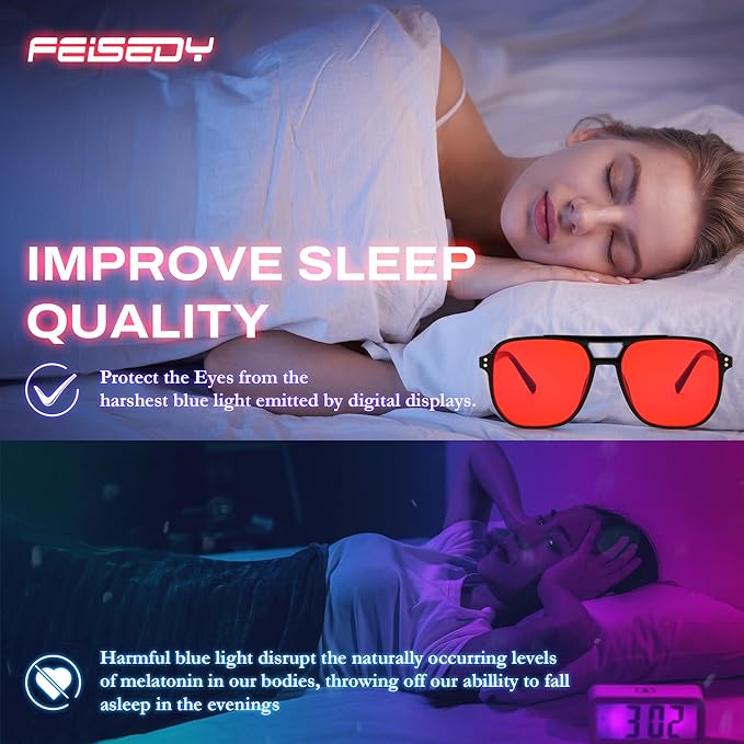 FEISEDY Sleep Blue Light Glasses for Woman Men 99.9% Computer Gaming Red Lens Eyeglasses Reduce Eyestrain G2835