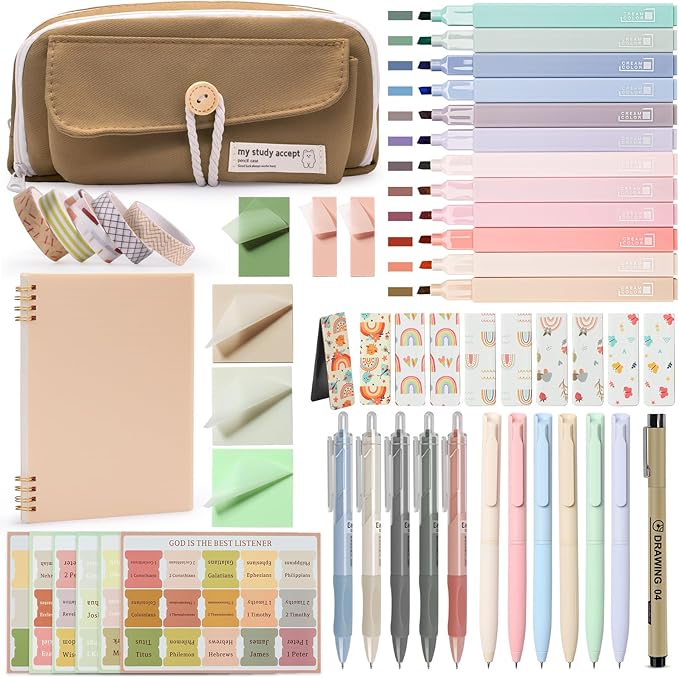 54Pcs Bible Journaling Kit with Pencil Case, Bible Highlighters and Pens with Tabs, Notebook, Bible Study Supplies Journel Essentials Accessories Tools for Women,Back to School Gifts (Brown)