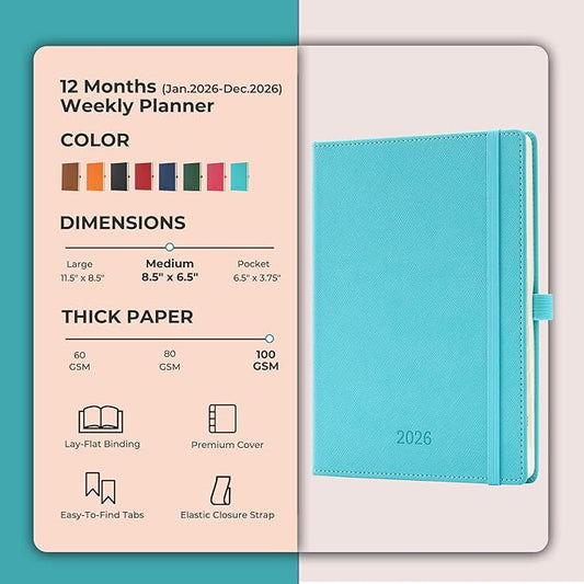 Weekly Monthly 2026 Planner (Jan.26-Dec.26),8.5"x6.5",12 Months Agenda Plan with Month Tabs & Pocket,Expenses/Note Pages, Appointment Book Calendar with Vegan Leather Cover,Light Blue