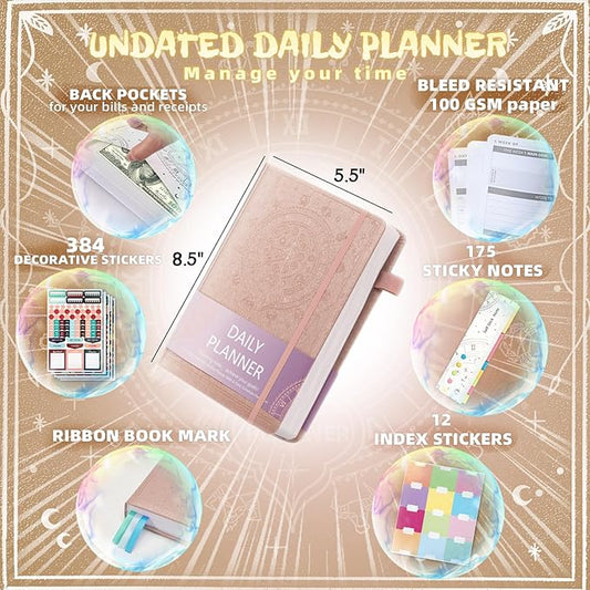 2025 Undated Academic Planner Hardcover (5.5x8.5") - Flexible Weekly & Monthly Organizer with Stickers, Productivity Journal for Students & Professionals(Rose Gold)