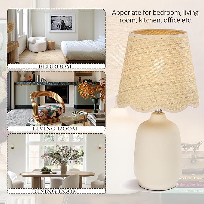 Pia Ricco 19" Modern Ceramic Table Lamp for Living Room Cream Base Desk Lamps for Bedroom Farmhouse Bedside Nightstand Lamp End Table Lamps,Beige,Rattan Shade