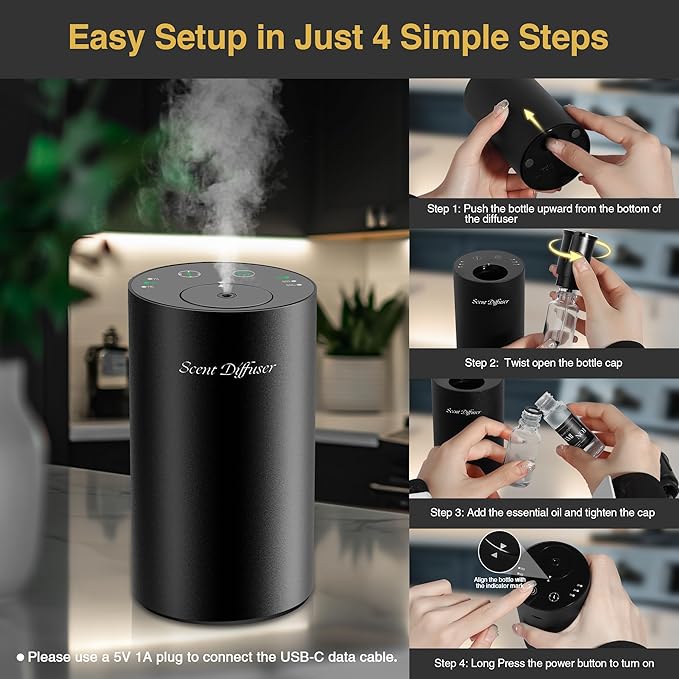 Waterless Essential Oil Diffuser Starter Kit - No Water Needed, Battery Operated Mini Scent Air Machine, Included 3x20ML Essential Oils, Portable Aromatherapy Diffuser for Home & Car & Office, Black