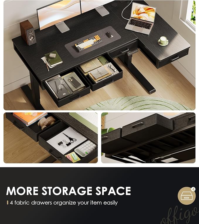 OffiGo 55 Inch L Shaped Electric Standing Desk with Drawers, Height Adjustable Large Desk with Power Outlets, Sit Stand Table, Writing Computer Desk for Home, Office, Workstation, Black