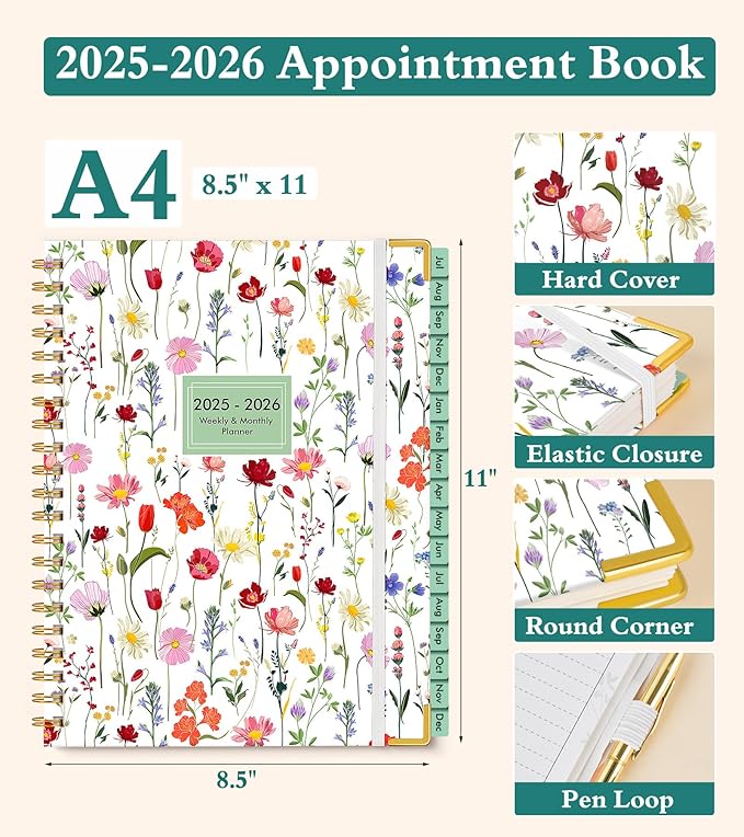 2025-2026 Appointment Book, Academic Planner 18 Months Weekly and Monthly (July 2025 - December 2026), 8.5"x11" Daily Hourly Planner 60-Minute time Slots, Spiral Calendar Schedule Book for Work School Teacher Student, Wildflower Garden