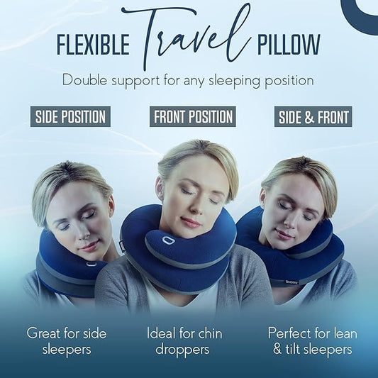 BCOZZY Travel Neck Pillow for Airplane – Patented Double Support for Head, Neck, and Chin. Best for Long Flights, Plane Sleeping & Car Rides. Adjustable Size. Fully Washable. Carry Bag. X-Large, Navy