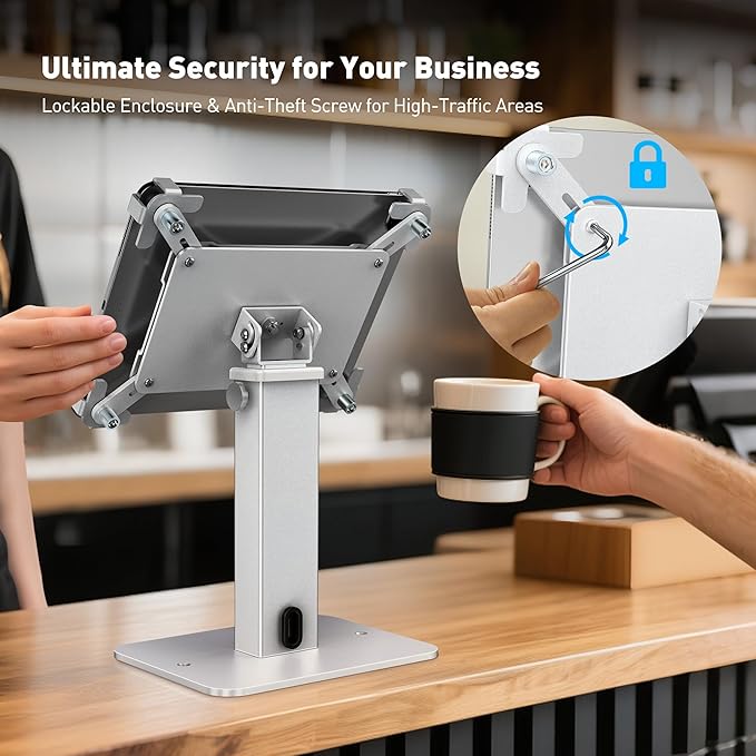 AboveTEK Anti-Theft iPad Kiosk Stand, 360 Rotation & Adj. Height 8.3"–13.4", Heavy-Duty Steel & Aluminum, Fits 9.7"-13" Tablets, Security Retail POS Tablet Stand for Business & Commercial Use (Silver)