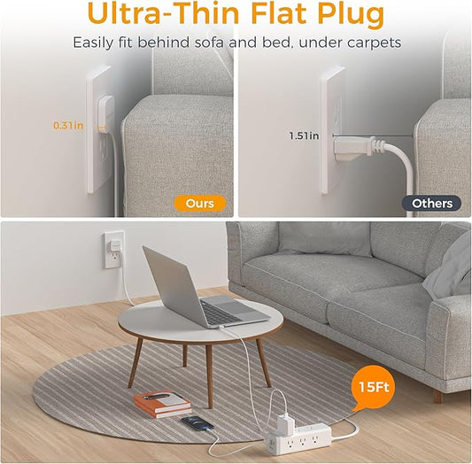 Surge Protector Power Strip 15 Ft, TESSAN Flat Plug Long Extension Cord with 9 Outlets 3 USB(1 USB C), Surge Protection Mountable Desk Charging Station for Indoor, Home, Office, Dorm Room Essentials