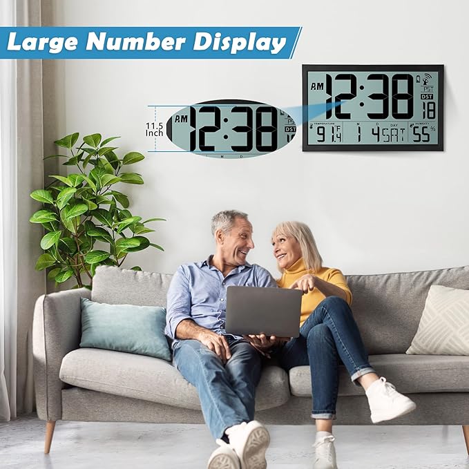 SZELAM Atomic Clock,16.7" Large Display Digital Wall Clock Battery Operated,Digital Calendar Auto Setting Desk Clocks with Indoor Temperature, Humidity,Date,Day,Auto DST for Elderly Bedroom Classroom