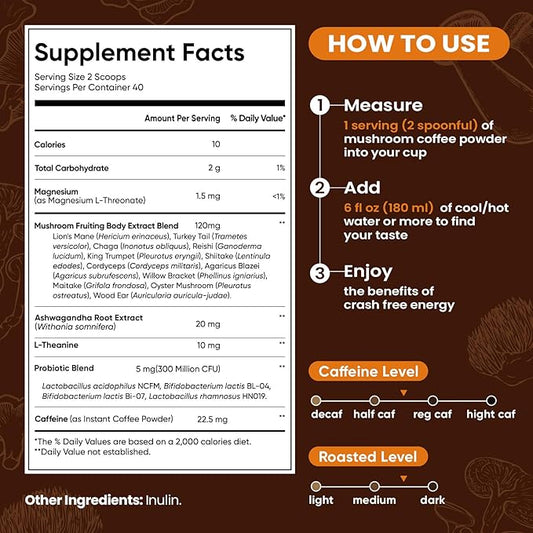 Venture Pal Mushroom Coffee with 12 Adaptogenic Functional Mushrooms with Ashwagandha, Lion's Mane, Chaga and Probiotics, 1200mg Mushrooms Instant Coffee for Focus, Digestion & Immunity - 40 Servings