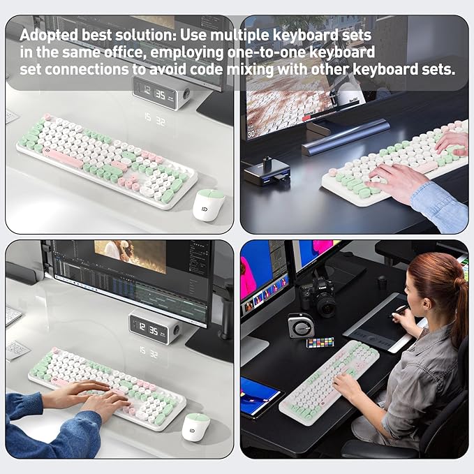Wireless Keyboards Mouse Combos, Colorful Cute Typewriter Full-Size Retro Round Creamy Keyboard, 2.4GHz Sleep Mode Office Wireless Keyboard and Mouse Set for Desktop Laptop PC Computer