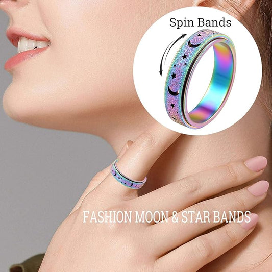 OreilleStar Anxiety Spinner Ring for Women - Fidget Toy for Adults - Stainless Steel Silver Rainbow Size 7 Moon Star Band