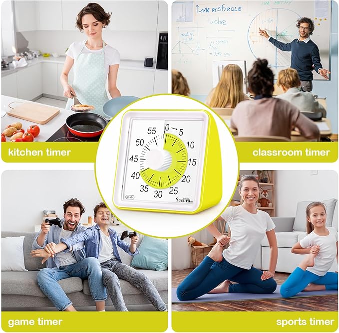 Secura 60 Minute Essential Visual Timer for Kids, Countdown Clock Timer for Special Education, Classroom, School, Desk, Home, Office, Silent Non-Ticking Time Management Tool (Yellow & Yellow)