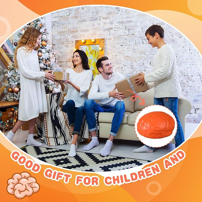Leitee 12 Pcs Brain Stress Balls Bulk Large Halloween Brain Toys PU Hand Muscle Exercise Pressure Ball Funny Stress Relief Toy for Teens Adult Improving Grip Strength Prop(Orange)