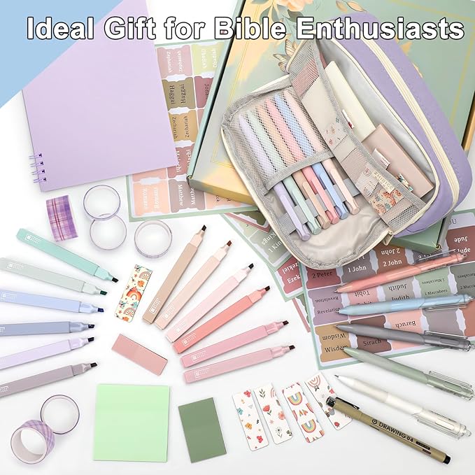 54Pcs Bible Journaling Kit with Pencil Case, Bible Highlighters and Pens with Tabs, Notebook, Bible Study Supplies Journel Essentials Accessories Tools for Women,Back to School Gift (Purple)