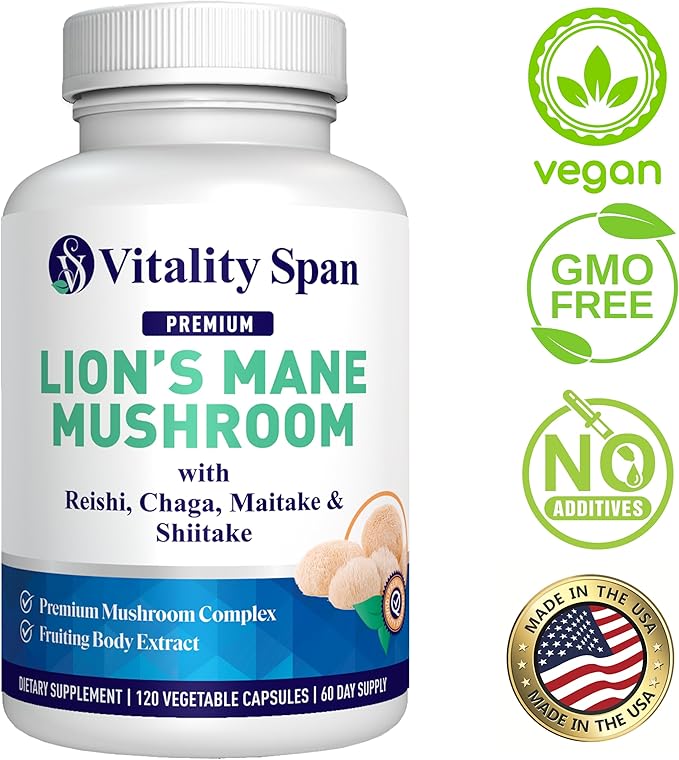 Lions Mane Supplement Capsules - Mushroom Extract: Chaga, Maitake, Reishi & Shiitake Mushrooms | Pure Fruiting Body | Mental Clarity, Focus, Cognitive Support | 120 Veggie Caps