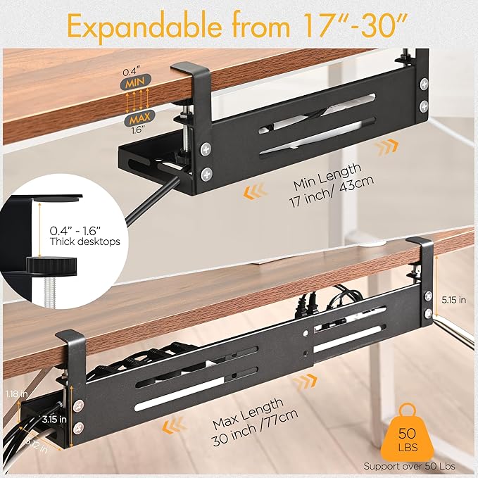 Retractable Under Desk Cable Management Tray No Drill, 17"-30" Long Cable Tray with Clamp Mount, Metal Cord Organizer, Support 50 lbs+, Wire Management Basket for Home Office, Black