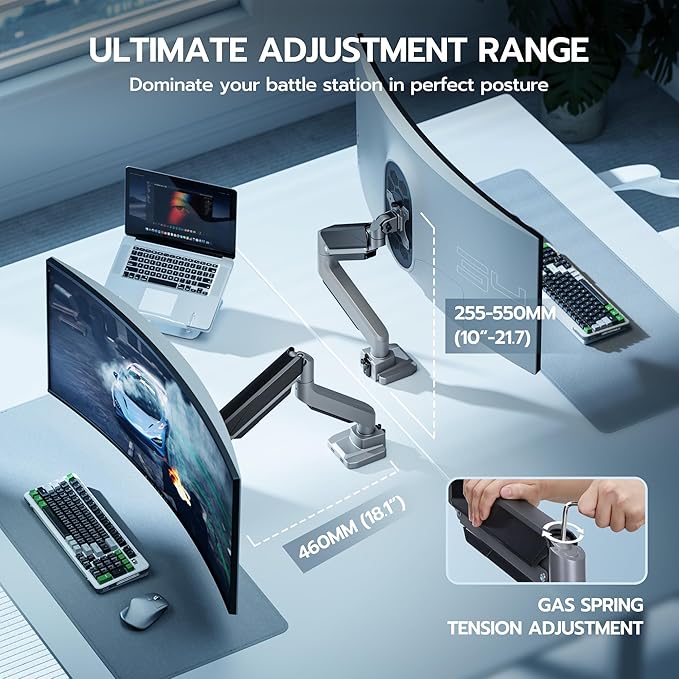 ARES WING Ultrawide Monitor Arm, Heavy Duty Single Monitor Mount for 13"-49" Curved Screens, Adjustable Stand for Desk with C-clamp & Grommet Base up to 40 LBS, Gray