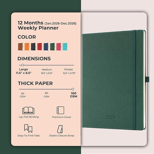 IN-LUXPRO Weekly Monthly 2026 Planner (Jan.26-Dec.26),11.5"x8.5",12 Months Agenda Plan with Month Tabs & Pocket,Expenses/Note Pages, Appointment Book Calendar with Hardcover Vegan Leather Cover,Green