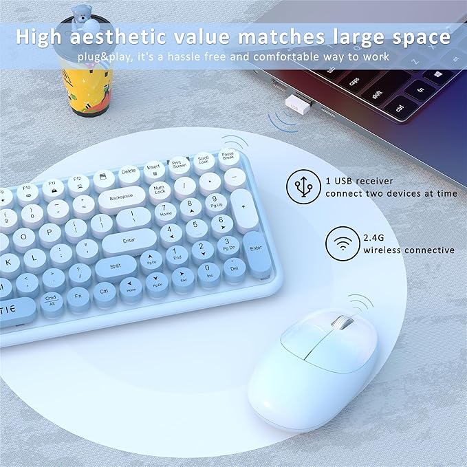 Wireless Keyboards and Mouse Combos, UBOTIE Colorful Gradient Rainbow Colored Retro Typewriter Flexible Keyboard, 2.4GHz Connection and Optical Mouse(Blue Gradient)
