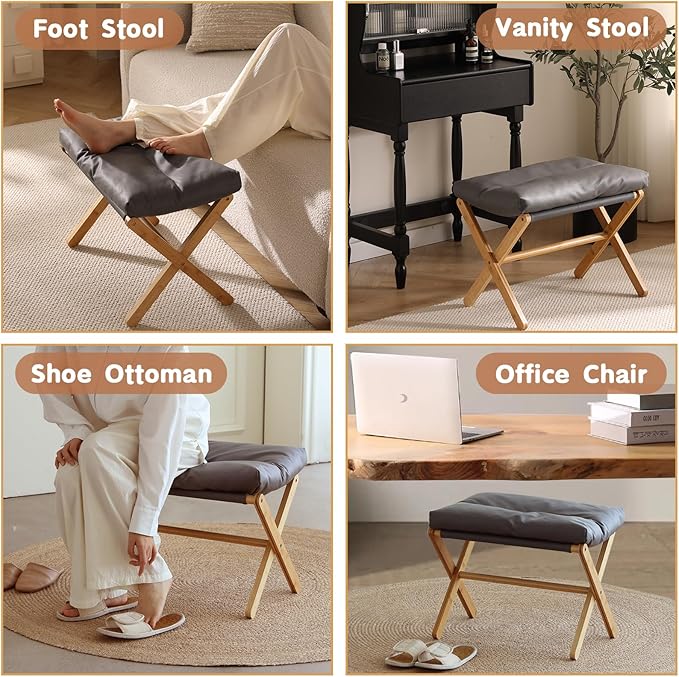 Folding Upholstered Footrest Stool, Small Accent Ottoman with Thick Cotton Cushion & Bamboo X Legs, Modern Padded Sofa Stool for Makeup Bedroom Living Room, Grey