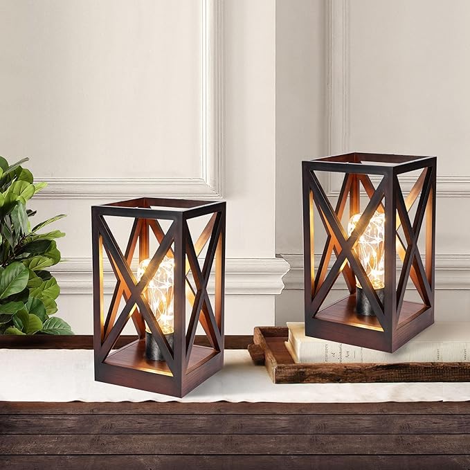 WINGBO 2 Pack Retro Battery Powered Table Lamps, Battery Operated Cordless Lamp Set, Portable Nightlight Decorative Light for Living Room Dining Room Bedroom Entryway Patio Backyard, Walnut Finish