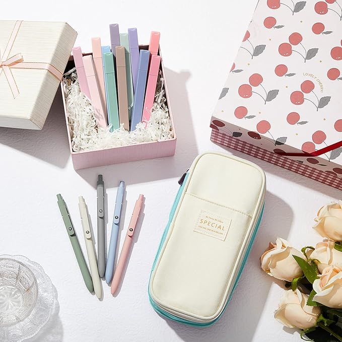 Henoyso 18 Set Aesthetic School Supplies Include Big Capacity Study Pen Bag with Zipper 12 Pcs Chisel Tip Bible Highlighters 5 Pcs Quick Dry Retractable Black Ink Pens for Student Office(Light Green)