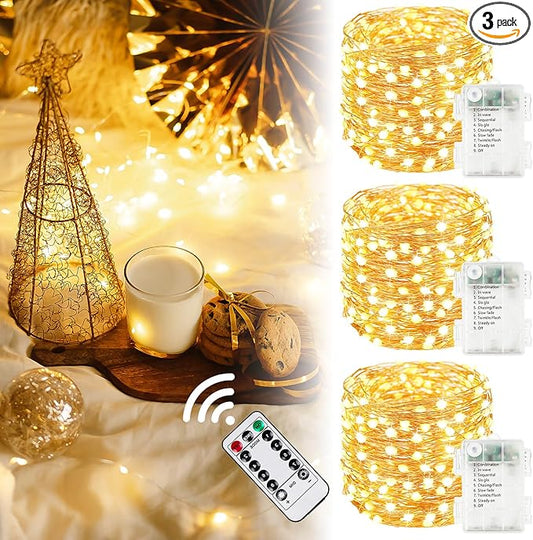 3Pack 99Ft 300LED Fairy Lights Battery Operated with Remote, Waterproof String Lights with Timer for Indoor & Outdoor, Twinkle Lights Battery Powered for Bedroom Wedding Christmas Decor (Warm White)