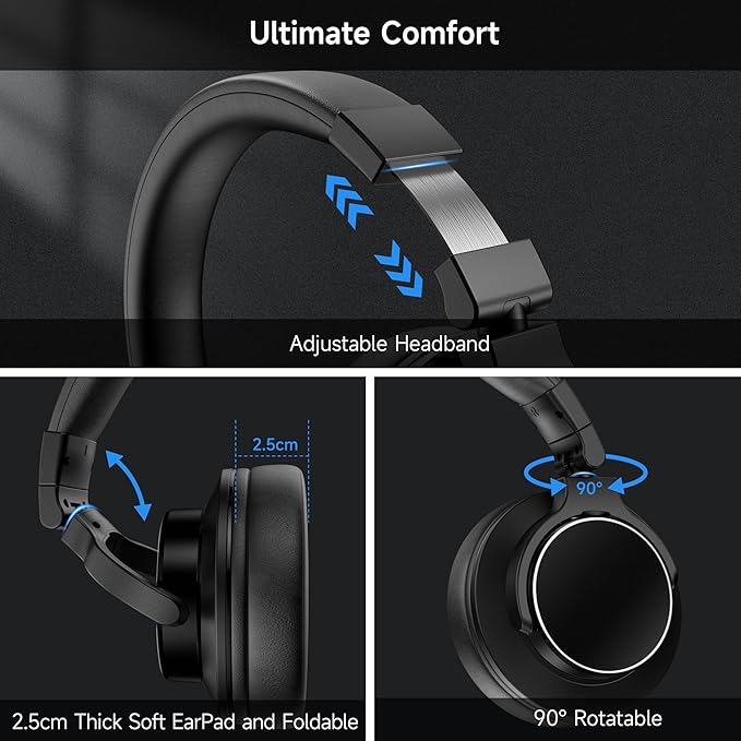 Over Ear Bluetooth Headphones, Studio Monitor & Mixing DJ Headphones Wireless with 50mm Drivers and 1/4 to 3.5mm Wired Audio Jack for Guitar AMP Recording Podcast Piano, 100H Playtime, Black