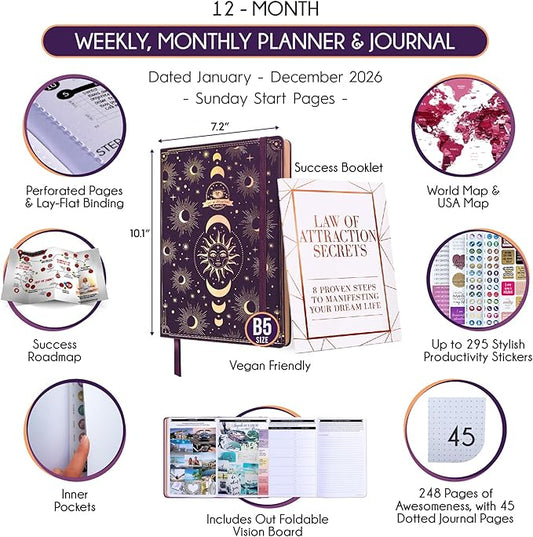 2026 Planner Weekly and Monthly | Law of Attraction Planner with Panduo App | A 12 Month Journey for Productivity, Gratitude & Goal Setting | Includes Foldable Vision Board, Gift Box & Stickers
