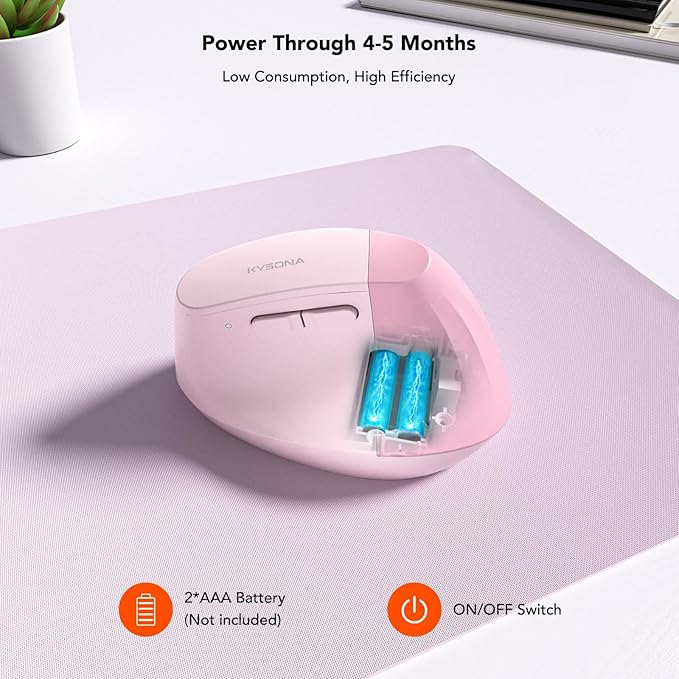 EM18 Wireless Ergonomic Vertical Mouse, Ergo Design, Bluetooth Cordless Mouse, Silent Click, 5-Level Adjustable DPI, Carpal Tunnel Mice for Computer, PC, Mac, Laptop, Pink