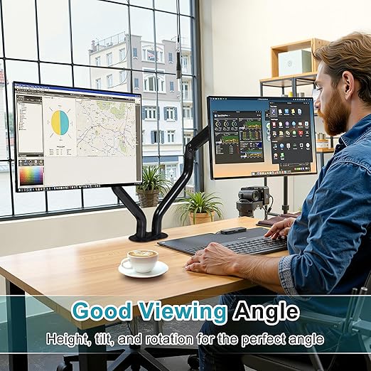 Lyngins Dual Monitor Stand, 17-32 inch Monitor Mounts for 2 Computer Screens, VESA Mount with 75/100 mm, Each Arm Supports Up to 20.94 lbs, Double Monitors Arm Desk Mount - Black
