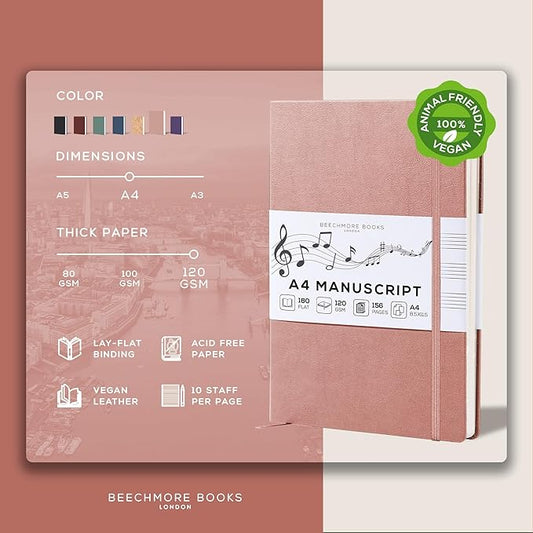 BEECHMORE BOOKS Blank Sheet Music Notebook – A4 8.5x11.5 for Songwriters, Musicians & Composers, 156 Thick 120gsm Pages, 10-Staff Perforated Sheets, Vegan Leather Hardcover, Elastic Closure, Gift Box