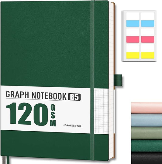 AHGXG Graph Paper Notebook - Grid Notebook Journal, 120 GSM Thick Graph Paper, Large B5 Notebook 96 Pages, Leather Softcover, for Graphing, Writing, Math, Engineering, 7.6'' X 10'' - Green