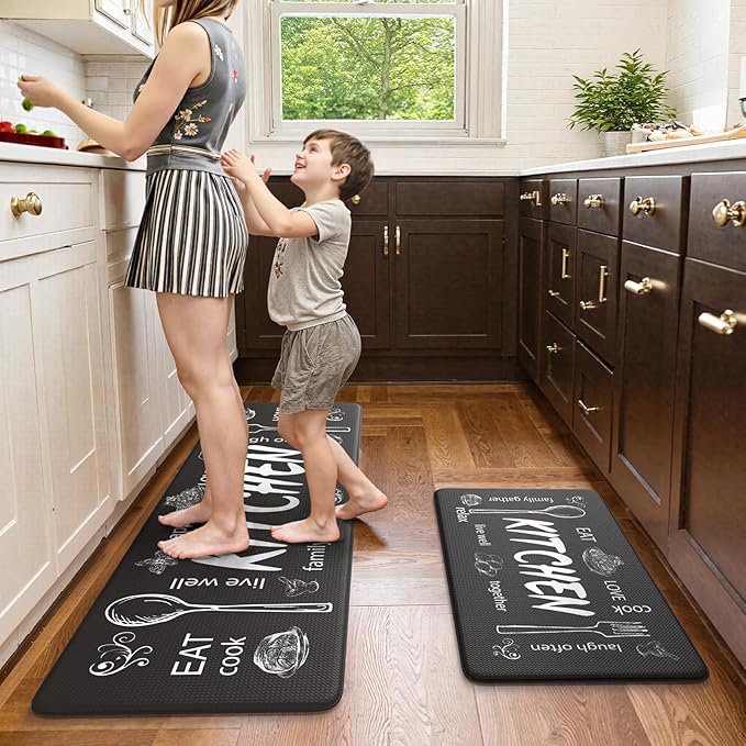KIMODE Anti Fatigue Kitchen Mats, Farmhouse Kitchen Rugs Sets of 2,Non Slip Waterproof Kitchen Floor Mats,Ergonomic Cushioned Comfort Standing Mat for Home,Laundry,Office,Sink,Desk,Black