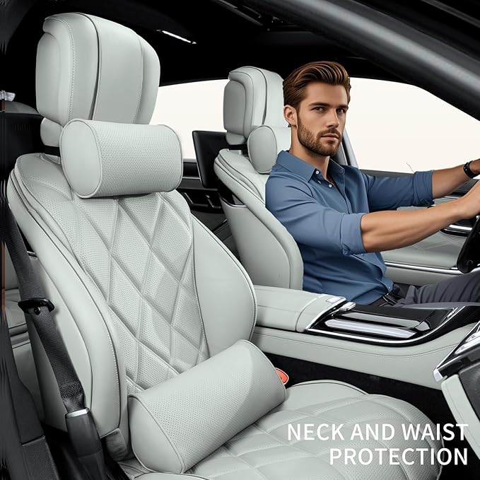 Lumbar Support Pillow for Car Seat and Office Chair, Gaming Chair, Ergonomic Memory Foam Back Cushion Lower Back Pain Relief, Luxury Leather Back Support Pillow, Gray, 1 Pack