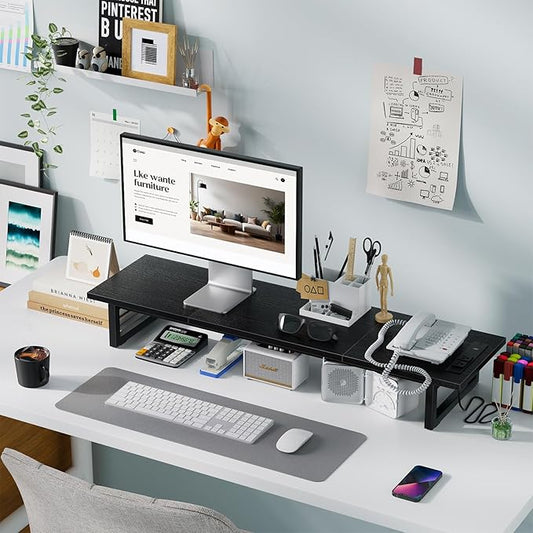 Simple Trending Dual Monitor Stand Riser with 2 USB Charging Ports, Computer Desk Organizer for 2 Monitors, Extra Long TV Stand for Laptop Office, iMac, Black