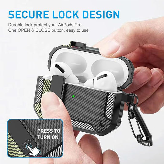 Maxjoy for AirPods Pro Case Cover with Lock, AirPods Pro 1st Generation Case for Men Military Rugged Protective Cover with Keychain Compatible with Apple AirPod Pros 2019 Front LED, Carbon Fiber Gray
