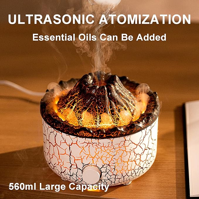 Aromatherapy Essential Oil Diffuser, 560ml Ultrasonic Cool Mist Diffuser/Humidifier with Flame & Volcano 2 Mist Mode, for Bedroom,Office,Home, Auto Shut-Off, Remote Control, Gift (White)