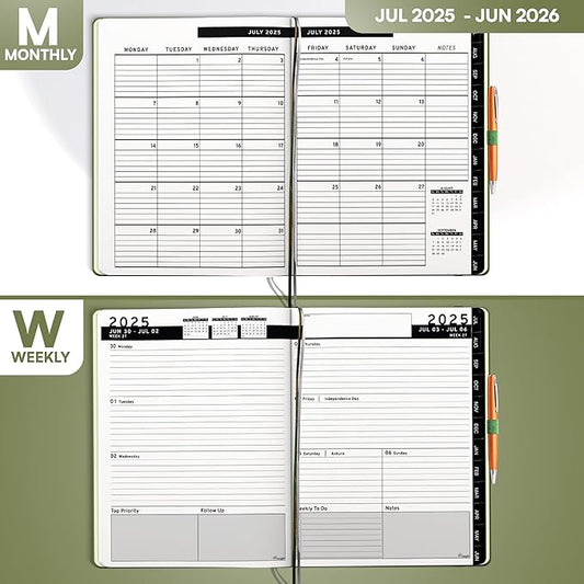 Ensight 2025-2026 HARDCOVER Leather Planner Weekly & Monthly - 8.5x11 Inches - Academic Planner Business Personal or Student - Pen Holder, Thick Paper, July 2025 - June 2026 (Olive Green)