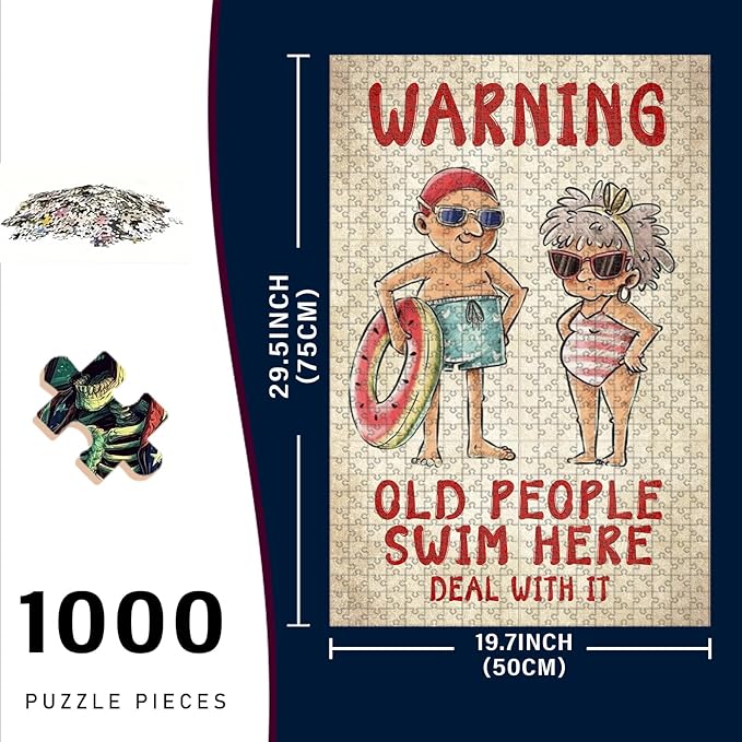 1000 Piece Wooden Jigsaw Puzzle Old People Swim Here Deal with it for Adults & Kids Challenging Brain Teaser with Educational Value Stress Relief Focus Tool for Family Bonding 29.5x19.7 Inch