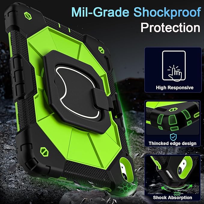 Case for iPad (A16) 11th Generation 11 Inch (2025) /iPad 10th Generation 10.9 Inch (2022) with Rotating Stand Screen Protector,Heavy Duty Shockproof Cover for i Pad 10th Gen Case,Black Green
