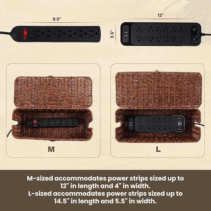 BROWNLILY Rattan Wire Storage Box, Handmade Cord Organizer for Desk Cord Hider Outlet Covers Baby Proofing for Power Strip TV PC Router Charger Under Desk Cable Management Box